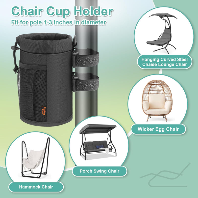 Desing Wish Patio Drinking Cup Holder for Hanging Curved Chaise Lounge Chair/Wicker Egg Chair/Porch Swing Chair/Hammock Chair, Insulated Large Capacity Water Bottle Holder for 32-40oz Cup (Black)