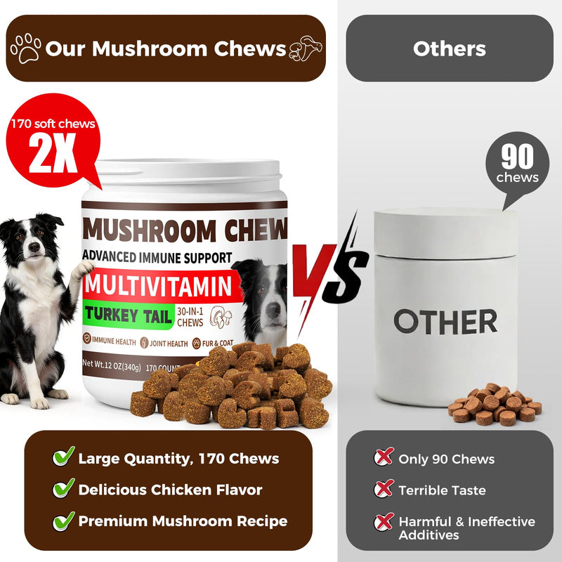 Turkey Tail Mushroom for Dogs, 170 Count Mushroom Chews for Dogs, Chicken Flavor Mushroom Supplements for Dogs, Immune Support, Joints Health, Skin & Coat, Lumps & Bumps Care Multivitamin