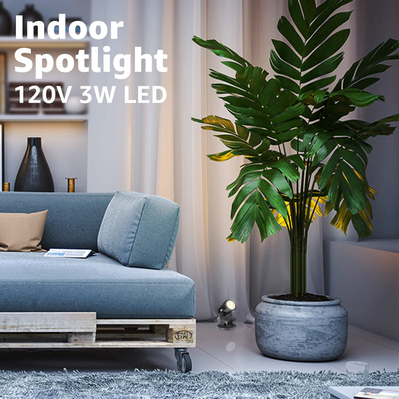 SUNVIE 2 Pack LED Spot Lights Indoor for Plants Uplights Lamp Accent Lighting Decor 120V Warm White Up Spotlight 5.9 FT Cord with Floor Foot Switch (Base and Stake Included) Black