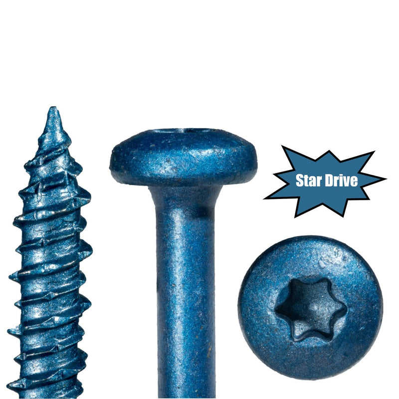 TorqueMaster Blue Ruspert Star Drive Pan Head Masonry Screws, 100 Pieces - 1/4" x 1-1/4" Concrete Masonry Screws, Rust Resistant Self-Tapping Exterior for Brick, Cement, Concrete, Lumber