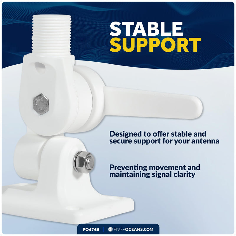 Five Oceans Marine VHF Antenna Mount, Folding Antenna Mount with Adjustable Ratchet, Fits All Standard 1-inch Marine Antennas, White Nylon - FO4766