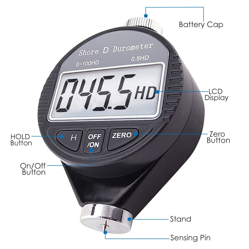 Shore D Rubber Hardness Meter, Digital Hardness Tester 0-100HD Hardness Durometer Tester with Large LCD Display Durometer Scale for Rubber, Tire, Plastic, Thermal Plastic, Flooring, and Bowling Ball