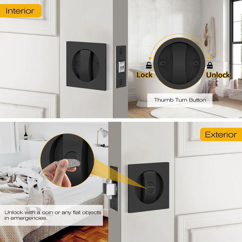 EHOMEWARE 1 Pack Black Pocket Door Hardware, Keyless Pocket Door Handles Interior, Privacy Pocket Door Lock for Bed/Bath, Modern Recessed Sliding Door Lock, Left/Right Reversible Privacy Door Lock-1 Pack Matte Black