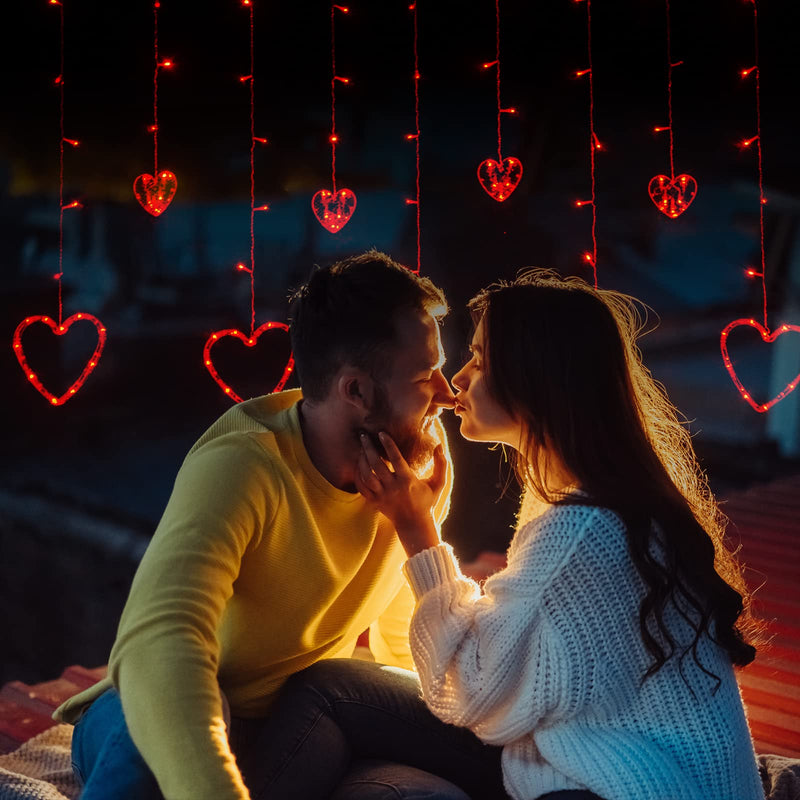 LOLStar Valentines Day Decor, Connectable Red Heart-Shaped 138 LEDs 12 Hearts String Lights Plug in With Remote, 8 Flashing Modes and Timer Function Window Curtain Light for Valentines Day Decorations