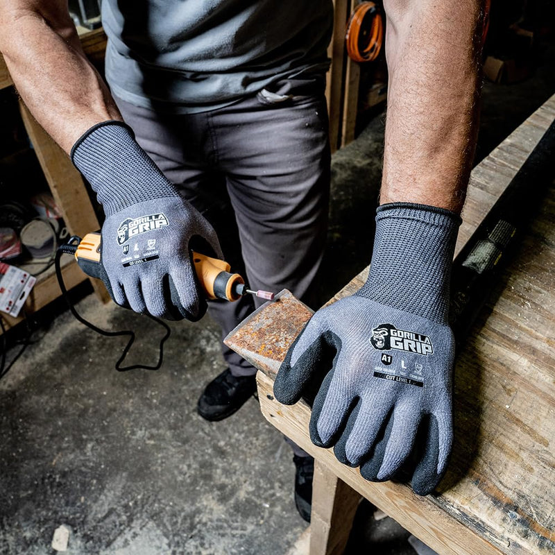 Gorilla Grip A1 Precision Grip, Cut Resistant Work Gloves, Touschreen Compatible Safety Gloves, Breathable, Nitrile Coated, Grey - Medium (12 Pack) Grey A1 (12 Pack)