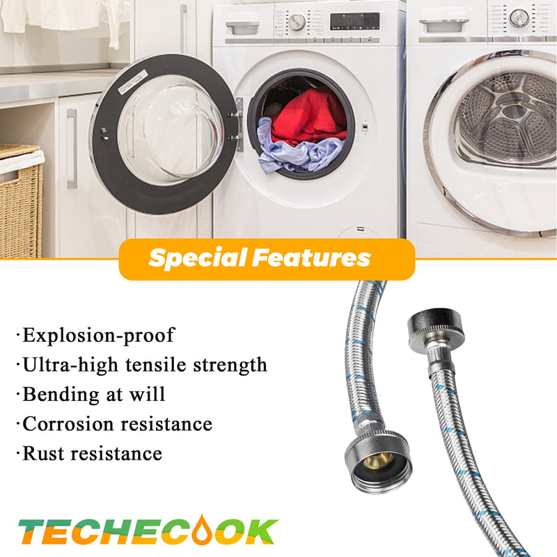 6Ft Stainless Steel Washing Machine Hoses- Burst Proof Washer Supply Lines 6Ft Washer Hoses Universal for All Washer Water Supply Lines by Techecook- 2Pcs Hot and Cold Water lines- 10 Years Guarantee