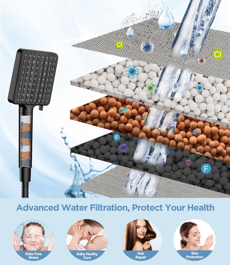 Filtered Shower Head Black - 6 Modes High Pressure Handheld Shower Head with Filter Mineral Beads, Detachable Handheld Showerhead Set with Stainless Steel Hose and Shower Arm Bracket Matte Black