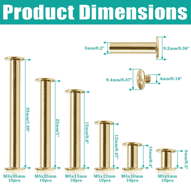 Uenhoy 60 Set Gold Chicago Screws Assorted Kit M5 x 5/10/12/15/25/35mm, Metal Screw Posts Nail Rivet Chicago Button for DIY Leather Crafts Bookbinding, Round Phillips Head Stud Screw M5x5/10/12/15/25/35mm, 60 Sets
