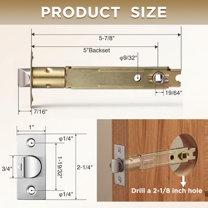Hicarer 2 Pack 5" Backset Entry Door Latch, 19/64" (7.6mm) Square Spindle Opening, Square Corner Faceplate, for Knobsets & 90° Lever Handles, Includes Screws 5"