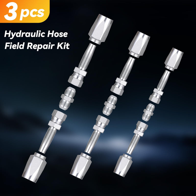 3Pcs Hydraulic Hose Field Repair Kit, 1/4", 3/8", 1/2" Inner Diameter and 6Pcs Small Repair Parts, Reusable, 08 (R2) 2-Wire Reusable Hydraulic Repair Fittings (3 Sizes and 6 Repair Parts) 1/4", 3/8", 1/2" and 6 Repair Parts