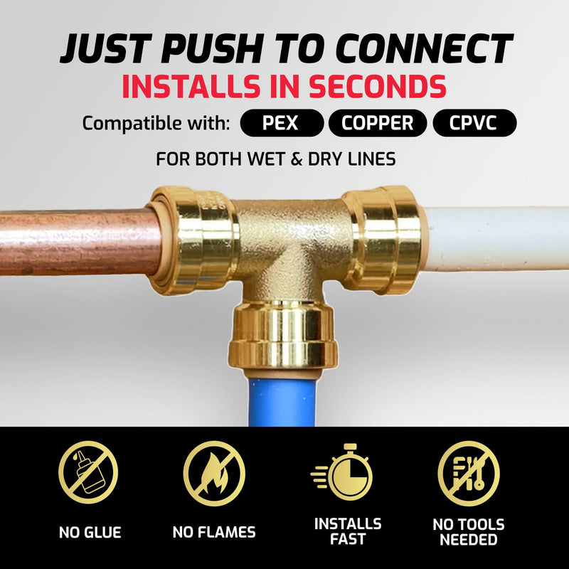QuickFitting 1/2 Inch Tee Connector, Push to Connect Brass Plumbing Fitting with Slip Clip Disconnect Tool, for Copper, PEX and CPVC, 5 Pack 1/2 inch (5-Pack)