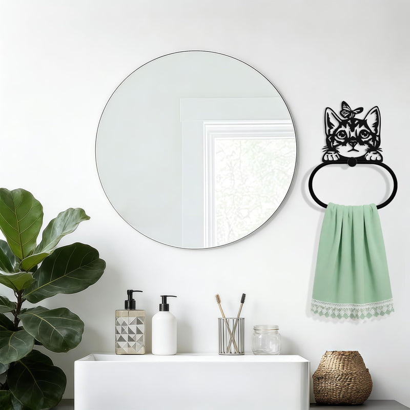 Black Metal Peeping Cat & Butterfly Wall Mounted Towel Ring, Funny Design Decor Accessories, Artistic Animal Towel Holder Decorative Gift for Cat Lovers, Home Kitchen Restroom Laundry Room