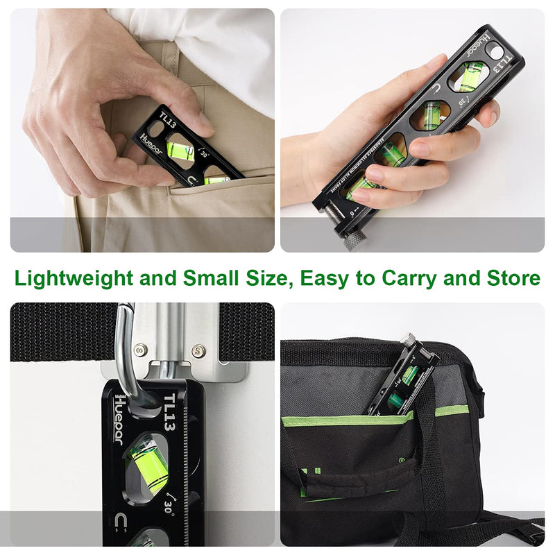 Huepar Torpedo Level, Magnetic Conduit Level with 4 Vials, 6.2 inch Aluminum Alloy Construction Spirit Level with V-Groove and Magnet Track, High Precision Bubble Level, Double Scale, Thumb Screw-TL13
