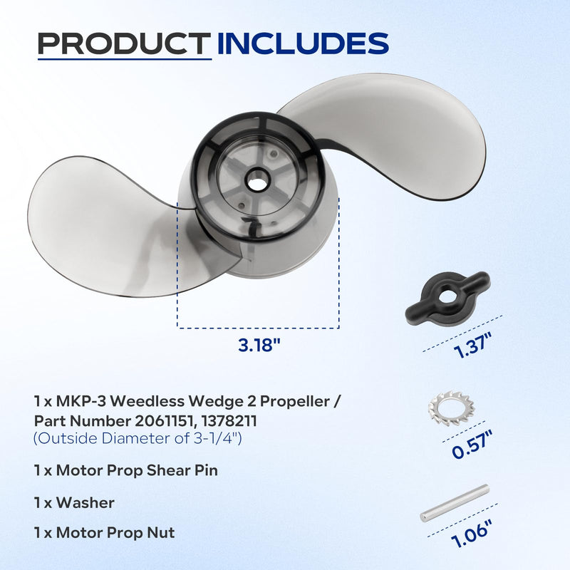 For Minn Kota MKP 3 Prop 2061151 Vanishing Compatible with Minn Kota 3-1/4" Motor Diameters, 2061151 1378211 Prop w/drive pin, prop nut and lock washer Replacement Fit for "W", "M", MAG Series Motors