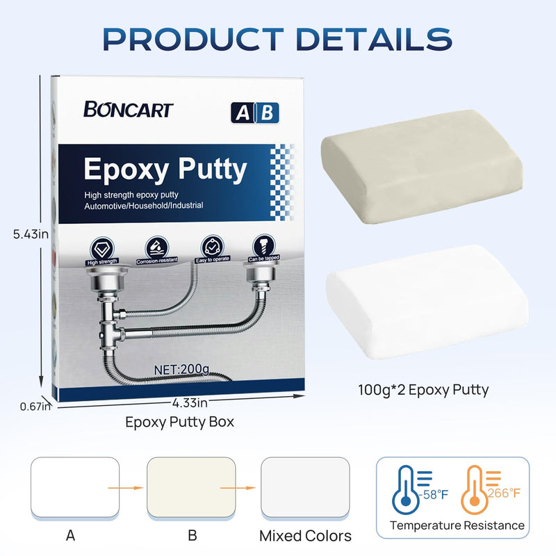 Epoxy Putty, 200g Fast Repair Metal AB Epoxy Putty, 2 Part Epoxy Pool Putty, High Strength Epoxy Filler Putty, Sculpt Clay for Repairing, Bonding, Sculpting, for Metal, Wood, Tile, Ceramics (White) White