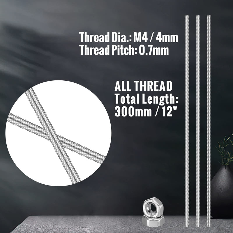 LEIFIDE 12 Sets 8/32 Inch 4mm Threaded Rod with Hex Nuts 4mm Stainless Steel Threads Studs Rods 4mm Stainless Steel Fully Threaded Hex Nuts for Beaded Garden Stake Rods (12 Inch) 12 Inch 24
