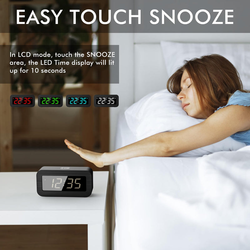 Digital Alarm Clock with Hybrid LED/LCD Time Display, Battery Operated or Plug-in, Small Simple Basic Clock for Travel Home Bedroom Wall (Green Display) Green-display