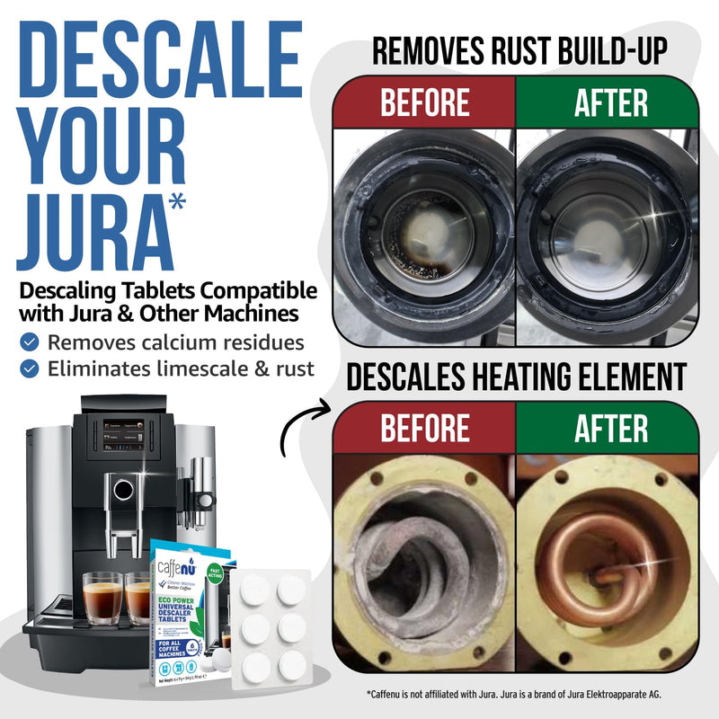 Caffenu Descaling Tablets Pack of 6. Coffee Machine Descaler Tablets. Compatible with Jura, Mellita, Siemens, Phillips and Saeco. Remove Limescale & Build-up. Complete the Barista Kit