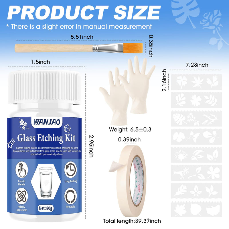 WANJAO 80g Glass Etching Kit, Frosted Glass Etching Kit Long-Lasting Creative Etch Valentines Day Creating Matte Glasses Effect with Stencil Gloves Paper Tape for Valentines Day Glasses Mirror Ceramic blue
