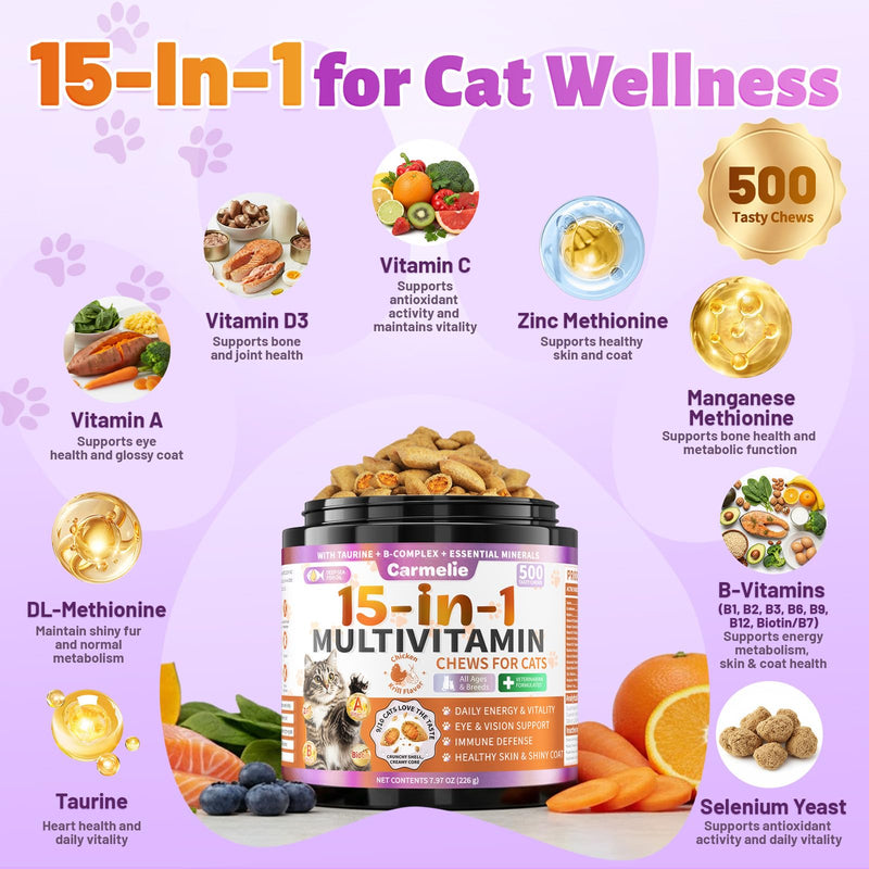 Cat Vitamins & Lysine for Cats, Cat Multivitamin & Immune Support Treats with Taurine, Colostrum, Omega-3 for Skin, Digestion, Respiratory & Daily Wellness, Chicken & Krill Flavor