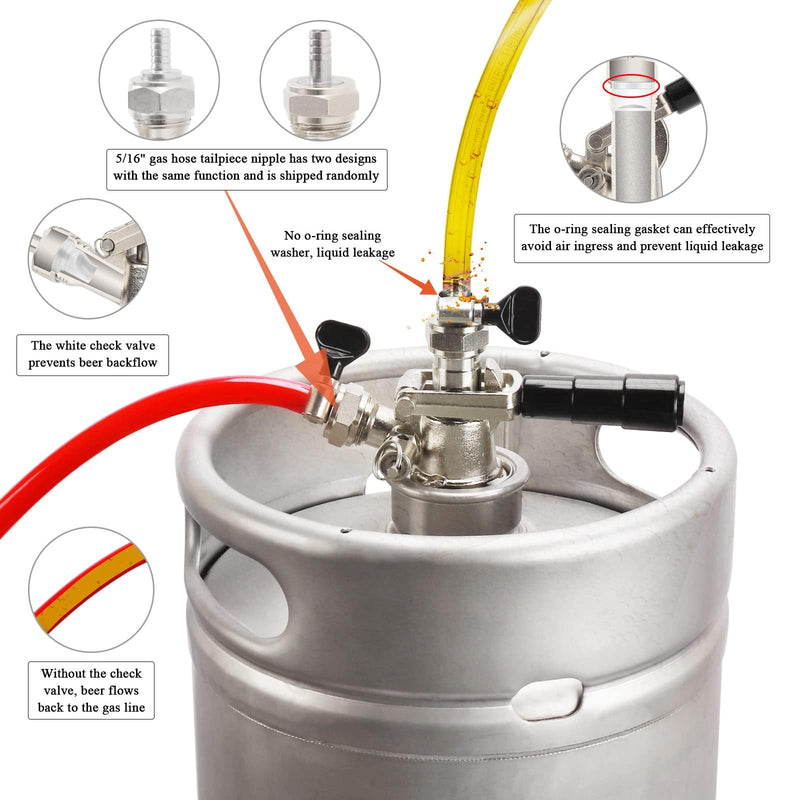 European Sankey S System Keg Coupler, 1/4'' Beer Barb Stainless Steel Probe Brass Body 5/16'' Gas Tailpiece Draft Kegerator Tap Dispenser with Safety Pressure Relief Valve Brewing Hose Clamp s type keg coupler