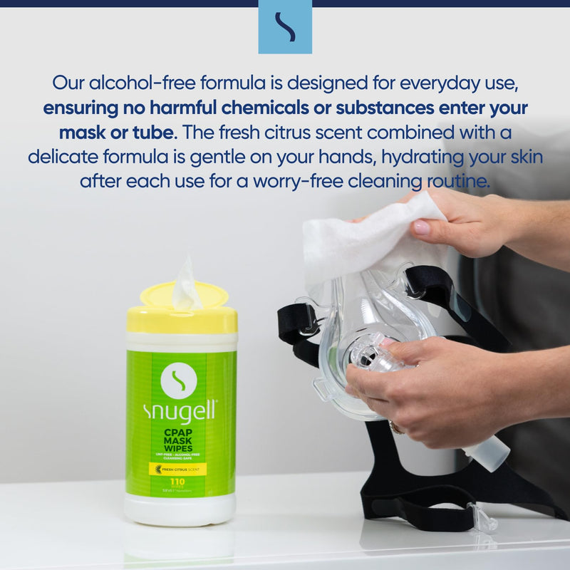 Snugell Citrus Scented CPAP Mask Wipes – 110 Count – 100% Soft Cotton, Lint-Free, Alcohol-Free – Skin-Safe Formula with Aloe Vera – Easy-Open Canister for Cleaning CPAP Masks, Tubes, and Devices 110 Count (Pack of 1)