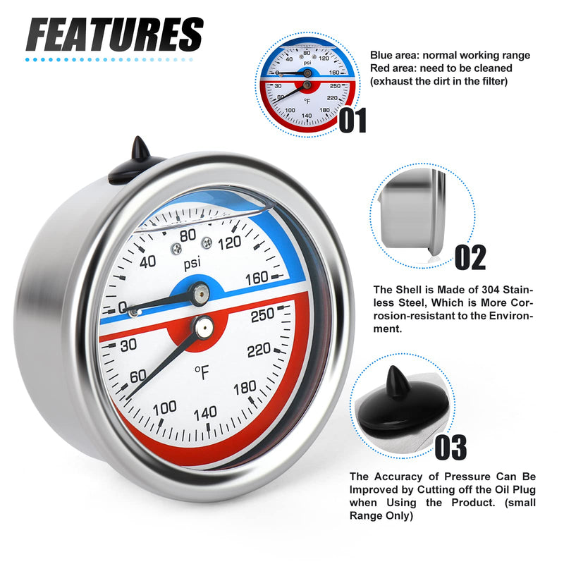 MEANLIN MEASURE 0-160Psi Stainless Steel Thermal Pressure Gauge 30-250℉ 1/4" NPT 2.5" FACE DIAL Liquid Filled Pressure Gauge, with 1/4" x 1/2" NPT and 1/4" x 3/8" NPT Hex Bushing,Back Mount Back Mount