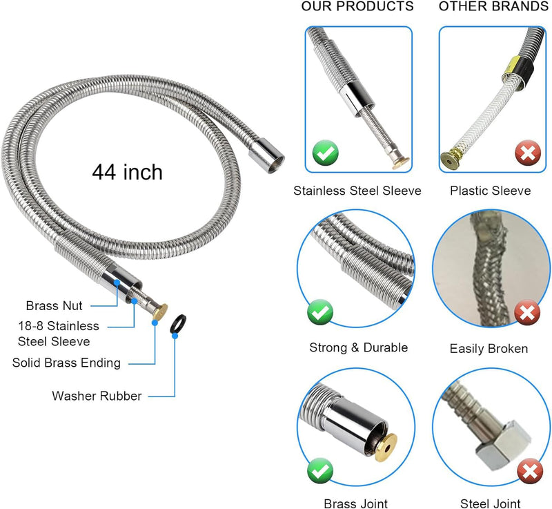 Replacement B-0044-H Commercial Sink Sprayer Hose for T&S Brass, 44 inch Stainless Steel Flexible Pre-Rinse Hose with Heat Resistant Gray Handle Commercial Kitchen Sink Faucet Dish Spray Part 44 inch+handle