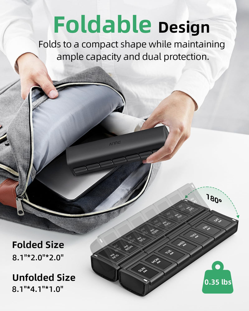 PULIV Weekly Pill Organizer 2 Times a Day with Magnetic Foldable Design for Dual Protection, Large AM PM Pill Box Case for Travel, Compact Medication Organizer for Vitamins, Fish Oils and Supplements