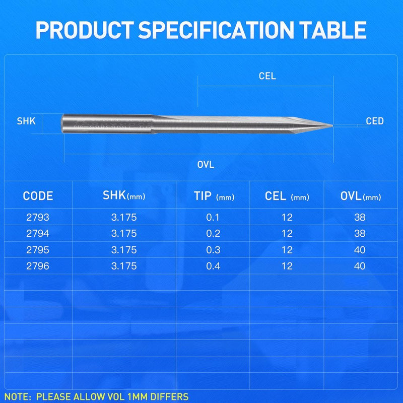 HUHAO 10Pcs 1/8" Shank Spiral Router Bits Set - 30 Degree 0.4mm Tip CNC Engraving Carving Tools for Wood, Acrylic, PVC 10PCS 0.4mm Tip Dia