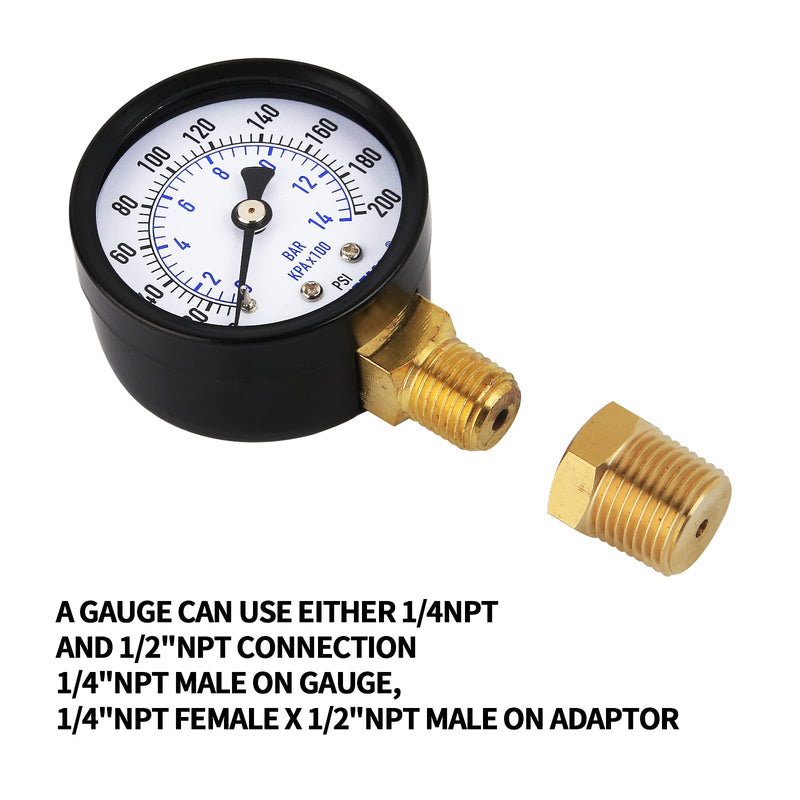 Measureman 2" Well Pump Pressure Gauge, 0-200psi/bar, 1/4" NPT Male with 1/2" NPT Adaptor, +/-3-2-3% Accuracy，Lower Mount 2" 0-200 psi Lower Mount