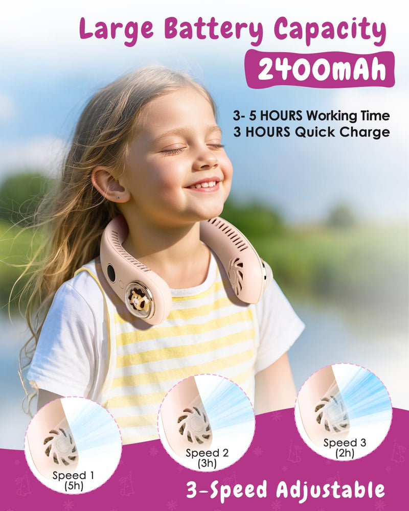 Neck Fan for Kids,Bladeless Portable Fan Rechargeable for 4-14Y Girls & Boys, 2400mAh USB Personal Cooling Mini Fan Rechargeable for Travel/Disney/Camping, 3 Speeds, Summer Essentials(Beige) Beige