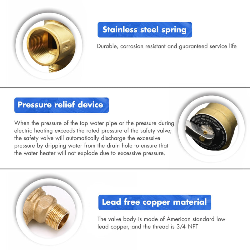 VAV Pressure Relief Valve, 3/4" NPT Female Thread, 150 PSI, Lead-Free Copper, Water Heater Compatible, CSA LISTED