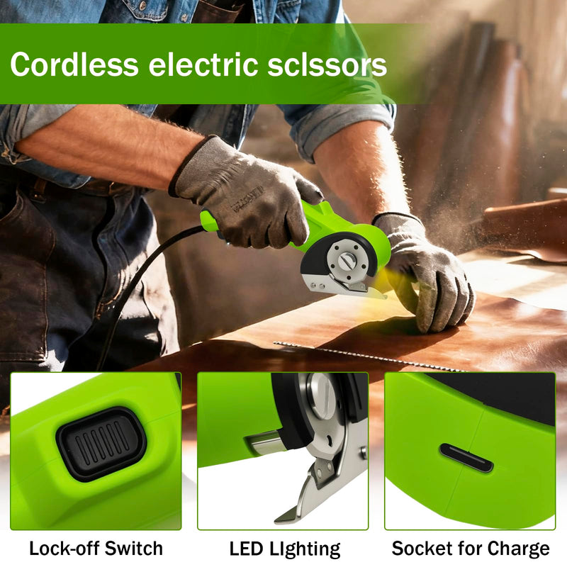 High-Speed Cardboard Cutter, Cordless Rechargeable Electric Scissors with Safety Lock and LED Light, Rotating Blade for Cardboard Fabric Carpet (green) Green