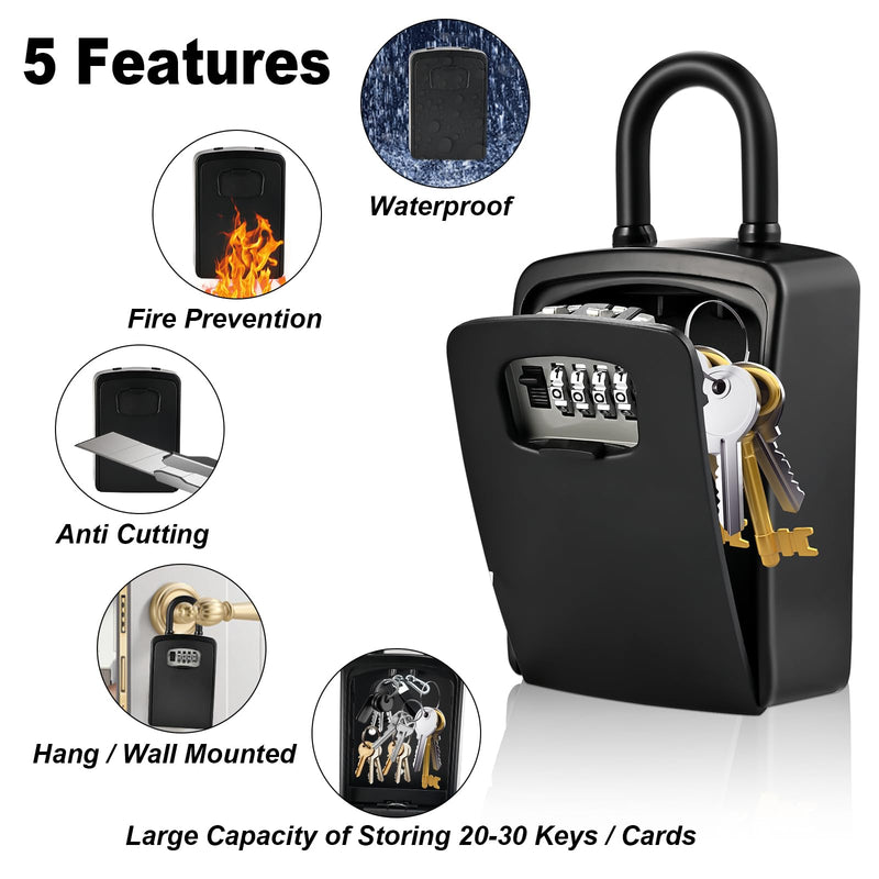 Lockwise XXL Large Key Lock Box, 5.5”x4.1”x2.1” Waterproof Kirsite Combination Lockbox for Keys Outdoor, Portable Key Lock Box Wall Mount with Code (1 Pack, Black)