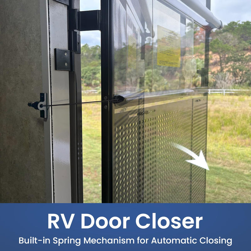 Safoner RV Screen Door Closer with Adjustable Tension, Aluminum Automatic Closing Device with Accessories, Works with Most Camper Latches & Travel Trailer Handles
