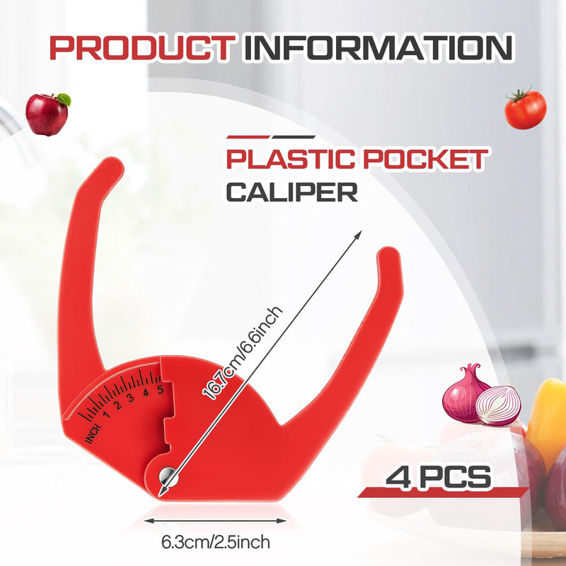 4 Pcs Plastic Pocket Caliper 7" Range Tree Caliper Measuring Tool for Onion, Fruit and Vegetable Diameter Measurement, 1/4 Inch Scale, Red, Easy to Read, Portable to Carry 4