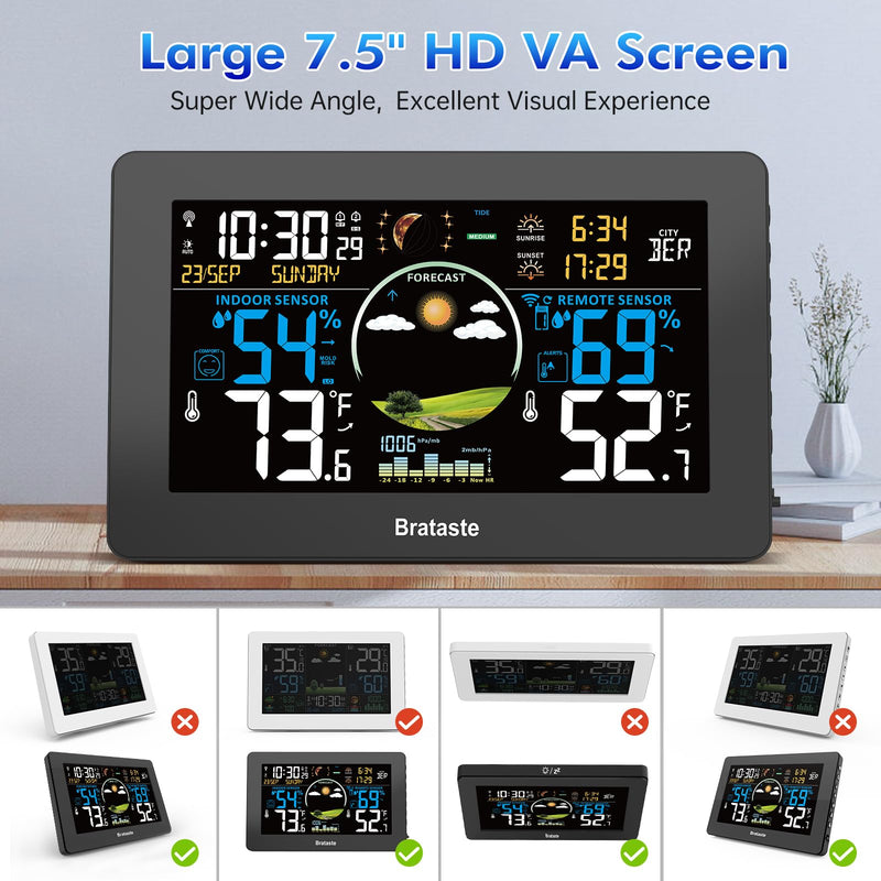 Weather Station Wireless Indoor Outdoor, Digital Thermometer with Remote Sensor, 7.5'' HD VA Display Home Weather Stations, Accurate Temperature Humidity Gauge with Weather Forecast, Atomic Clock Black
