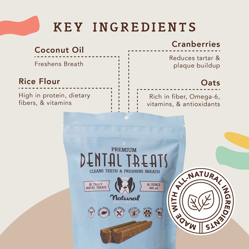 Natural Dog Company Premium Dog Dental Chews, Natural Dental Sticks to Clean Teeth and Freshen Breath, Helps Control Plaque and Tartar Treats for All Breeds and Sizes, Made in USA, 18 Count - PawsPlanet Australia