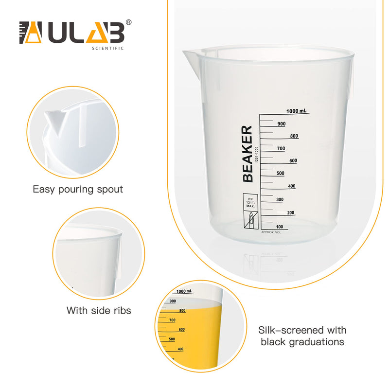 ULAB Scientific Stackable Graduated Plastic Beakers, 3pcs of 1000ml(33.8oz), with Easy-to-Read Printings in Black, UBP1014 3pcs of Vol.1000ml with black printings