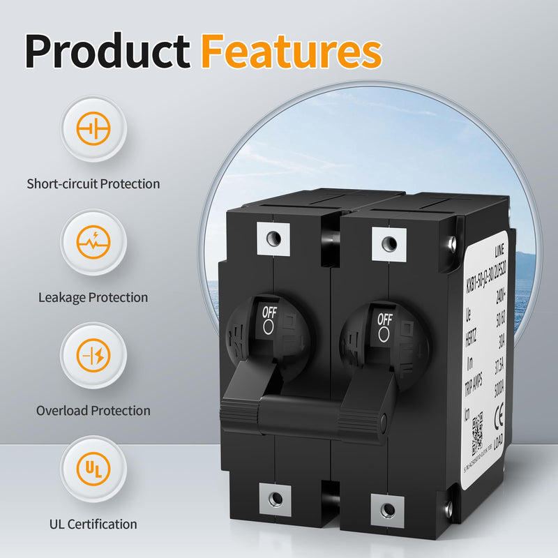 Joinfworld Double Pole Toggle Circuit Breaker, 30 Amp 80V DC/240V AC for RV, Marine, Automation, Home Devices 2P 30A