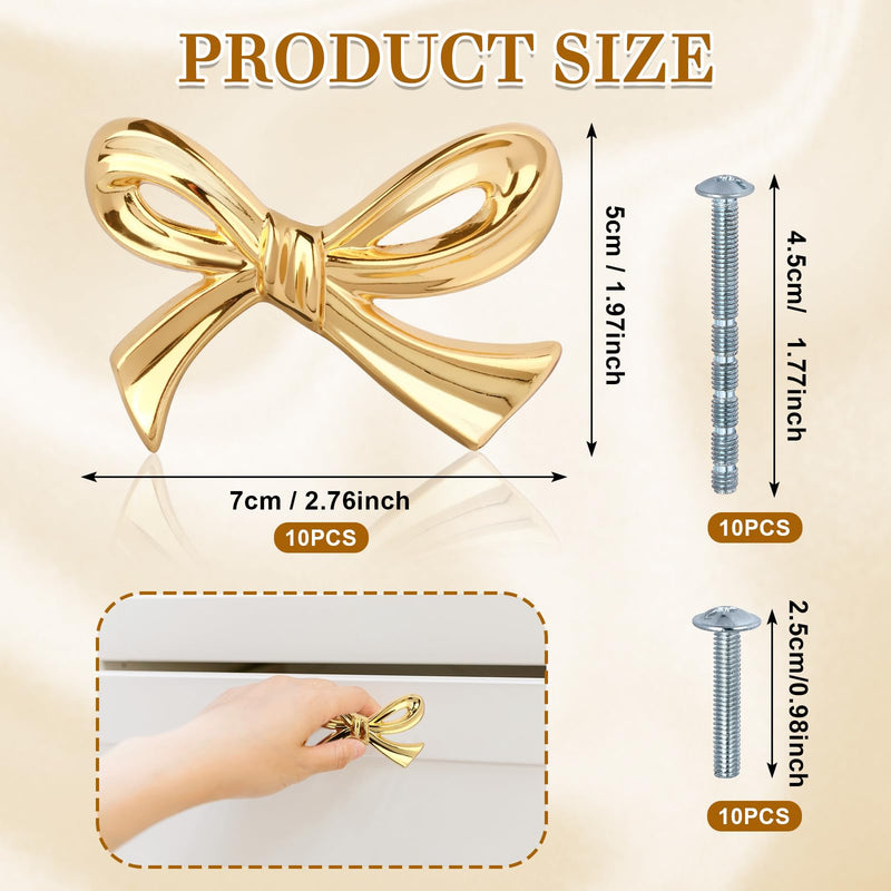 Draupnir 10Pcs Large Gold Bow Knobs for Dresser Bow Shape Cabinets Knobs, Metal Brass Bows Hardware Decorative Drawer Handles for Desk, Wardrobe, TV Cabinet & Bookcase(2.76" x 1.97")