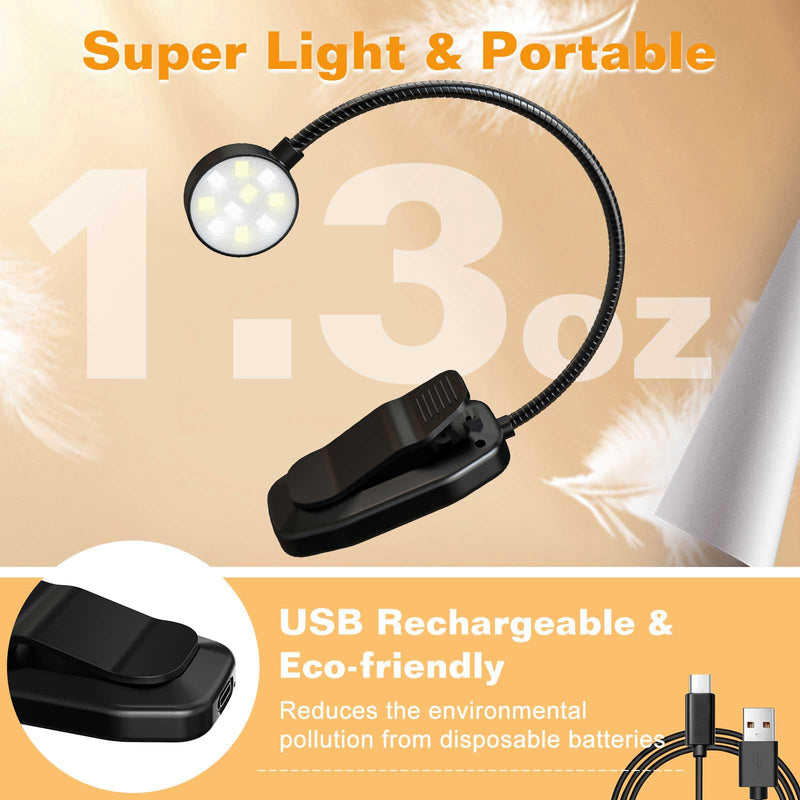 Rechargeable Book Reading Light - Adjustable Brightness, 3 Color Temperatures, 30+ Hours Runtime - Eye Care 10 LED Lamp for Reading for Bed