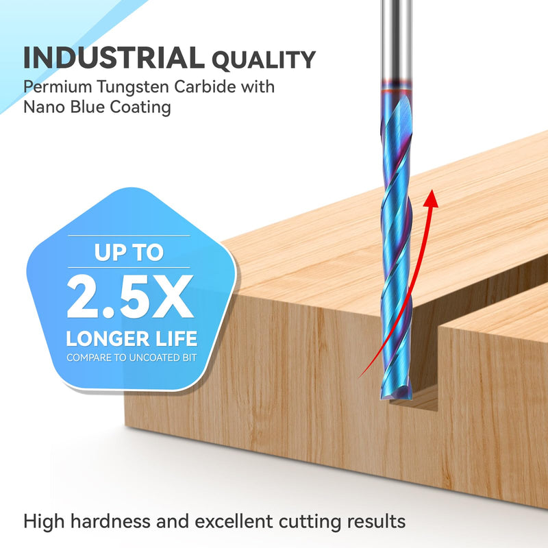 HQMaster Extra Long Spiral Router Bit Upcut 1/4 Inch Shank Solid Carbide CNC Router Bit with Nano Blue Coating CNC Bits End Mill for Woodwork Mortise Slot Trim 1 Pack Up Cut 1/4”Dia x 2”CL x 4”OAL