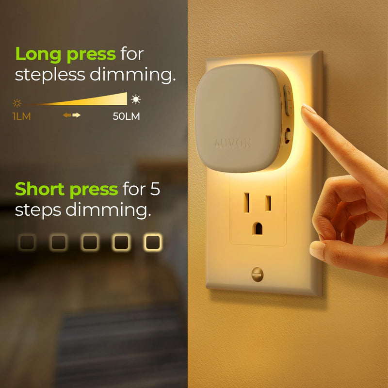AUVON Plug-in LED Backlit Night Light with Motion Sensor & Dusk to Dawn Sensor, Dimmable Warm White Nightlight with 1-50 lm Adjustable Brightness for Bedroom, Bathroom, Stairs, Hallway (4 Pack) A Warm White