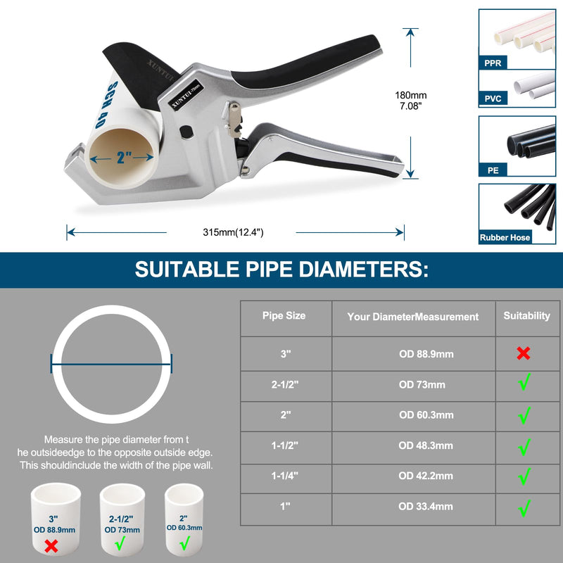 Professional PVC Pipe Cutter 2.5 inch (75mm) Capacity, Heavy Duty Silver Ratchet Tubing Cutter for 2-1/2" Schedule 40 80 PVC, PEX & ABS, One-Handed Cutting Tool for Pool & Sprinkler Repair