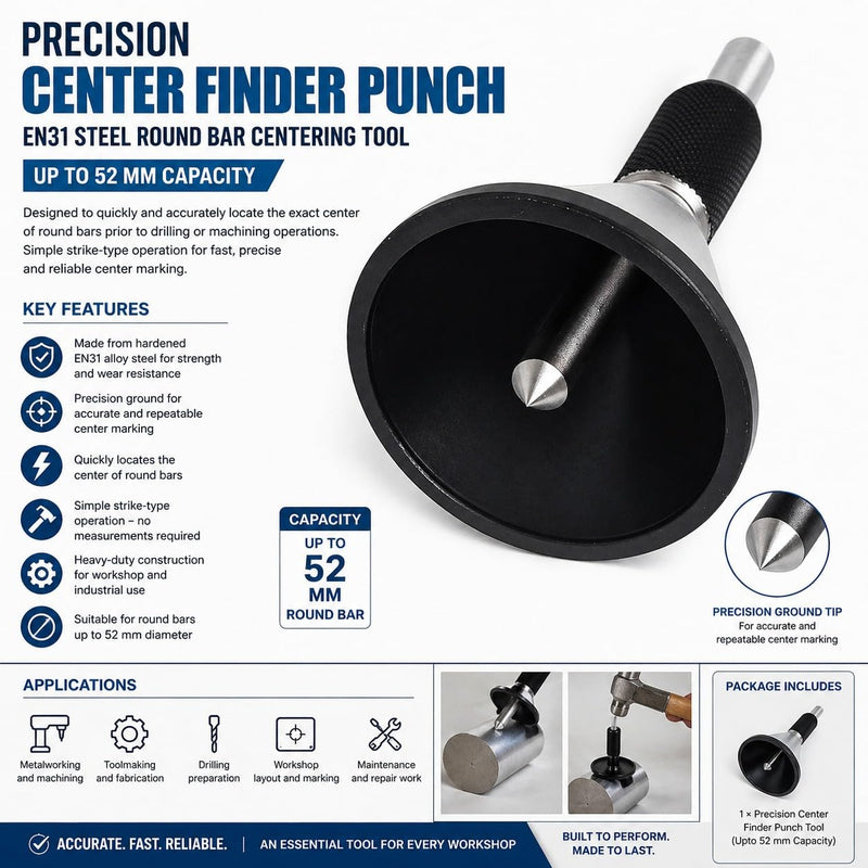 Precision Center Finder Punch EN31 Steel | Round Bar Centering Tool Up to 52mm Capacity | Accurate Center Marking Tool for Drilling & Machining | Heavy Duty Metalworking Tool BIG