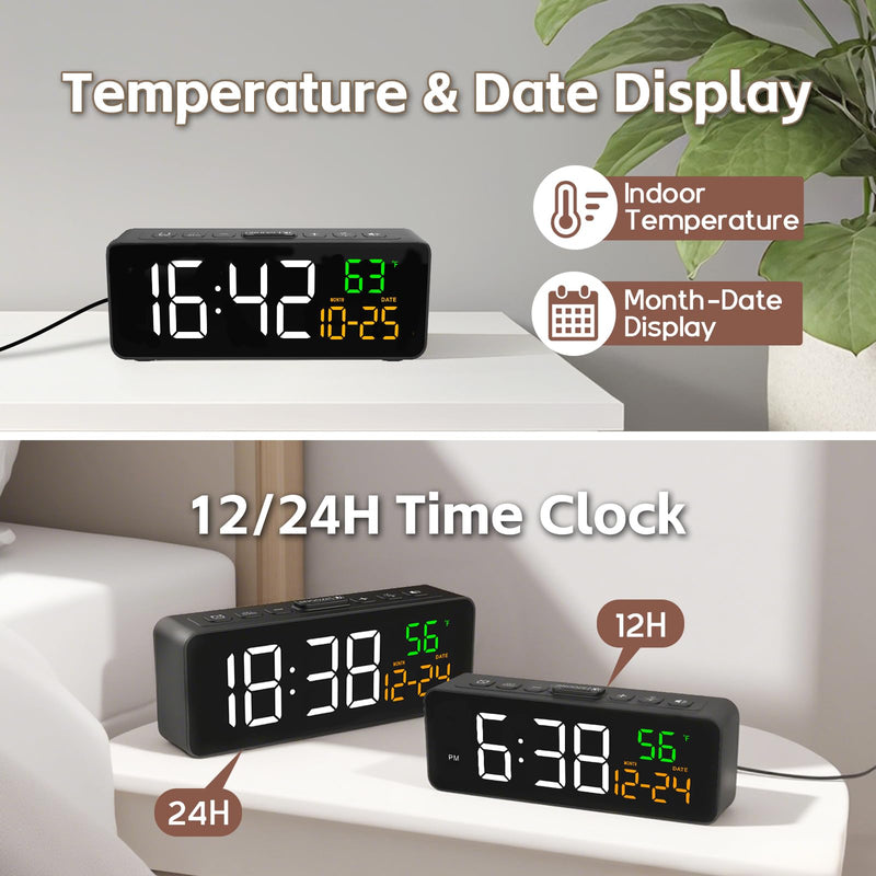 Netzu 3-in-1 Digital Clocks for Living Room with Temperature, Date & Time Display - 4 Levels Birghtness, 3 Volumes, Small & Compact Plug-in Alarm Clock for Bedroom, Office (Black) Black