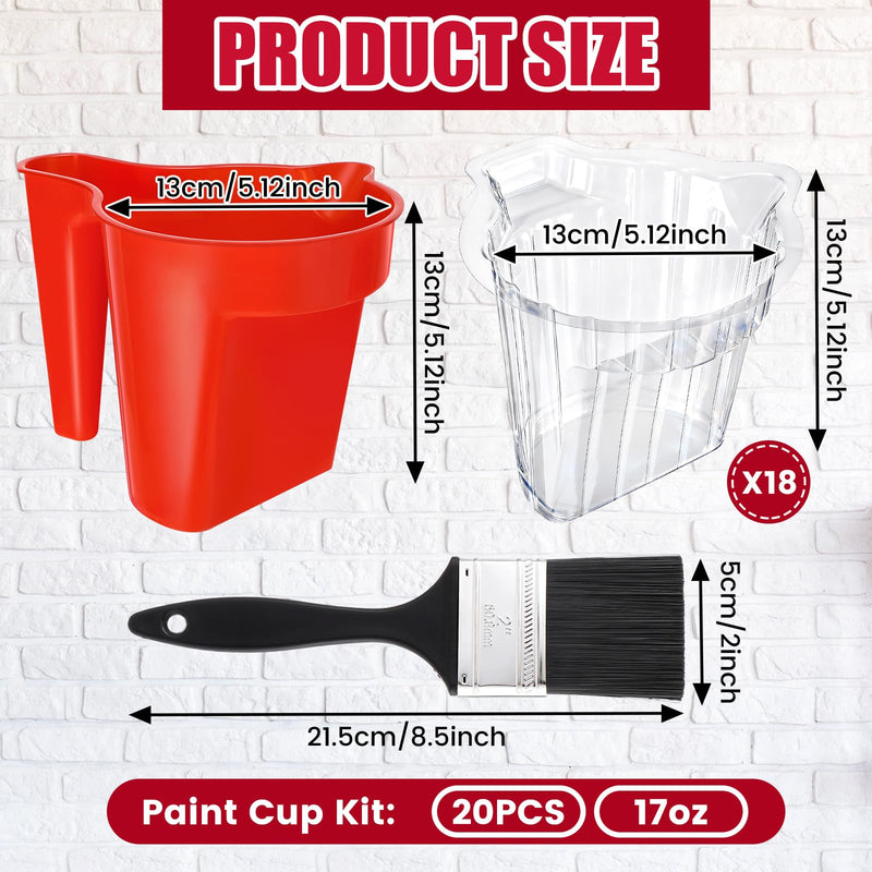 Leumoi 20 Pcs Paint Cup Holds Kit 17oz Paint Pail with 18 Disposable Liner, 2'' Paints Brush, Paints Bucket Hold with Brush Holder Mixing Cup Container for Painting Wall, Furniture, Craft, DIY
