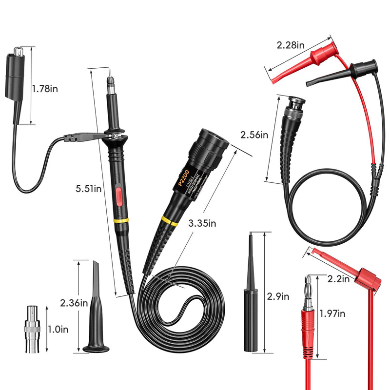 Goupchn Oscilloscope Probes Kit 200Mhz with Accessories Test Leads Kit BNC to Test Hook Cable 4mm Banana Plug to Test Hook Clip Leads X1/10 200MHz with Test Leads